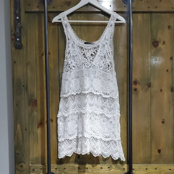 Dulcie Elegant White Lace Knit Crochet Tiered Dress - Picture 1 of 6